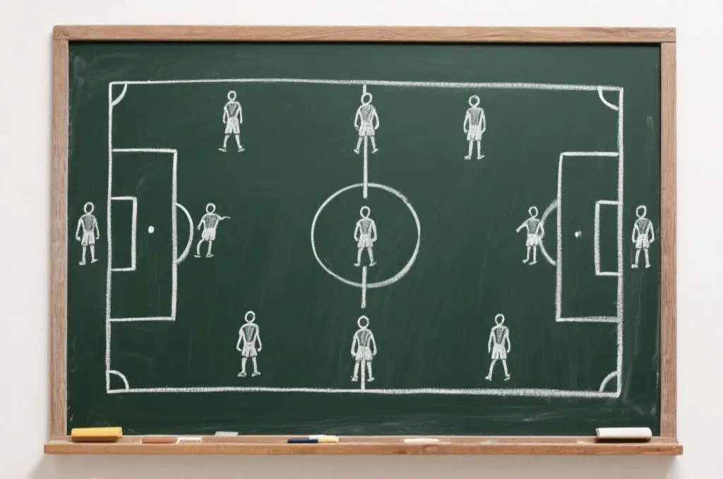 A tactical soccer chalkboard with generic player positions drawn in white chalk, depicting a strategic offensive formation.
