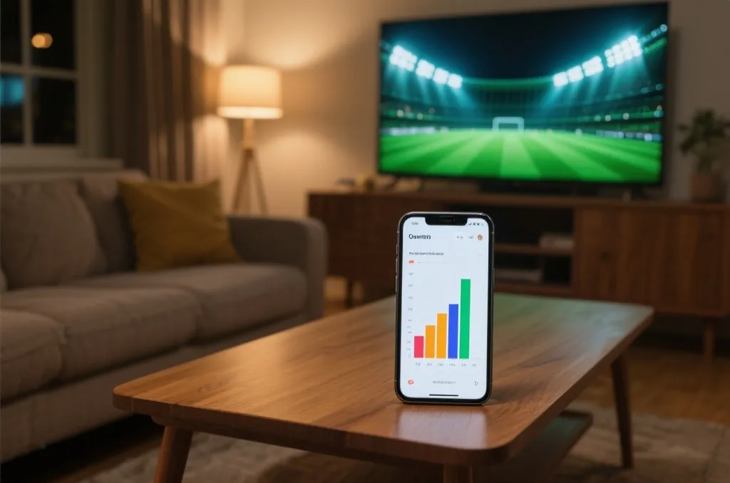 Cozy living room with a TV showing a stadium and a phone with abstract data charts